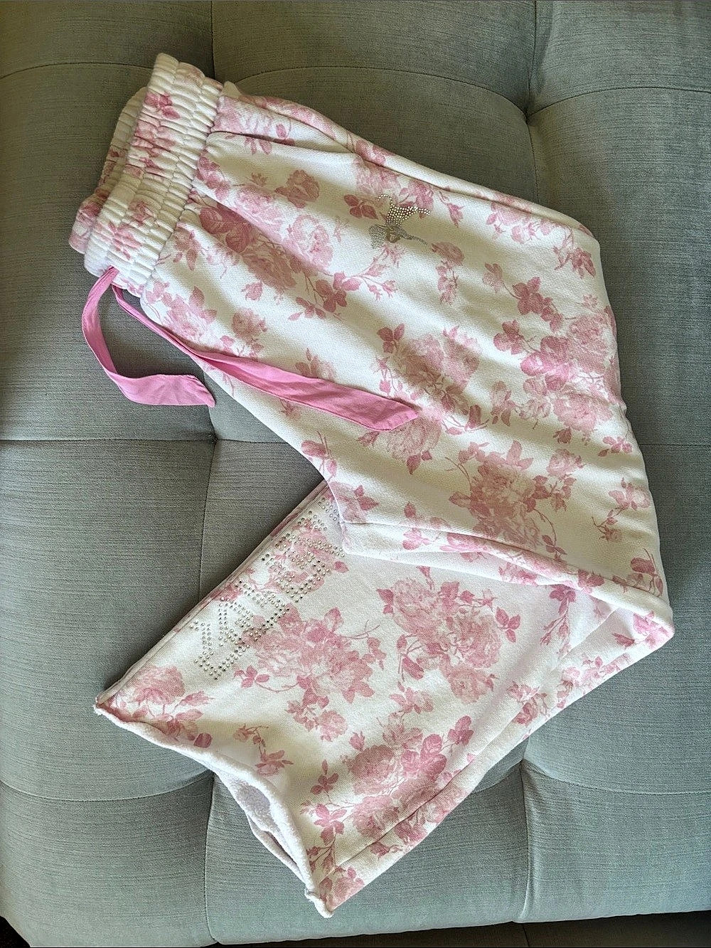 PINK Floral Rhinestone Track Pants White Size XS